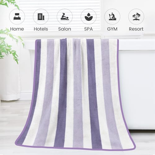 Image of JML Microfiber Bath Towels, Bath Towel 2 Pack 30 inch x 60 inch, Oversized, Soft, Super Absorbent and Fast Drying, Multipurpose Bathroom Towel Set for Sport, Fitness, Yoga, Coral Fleece Stripe Purple