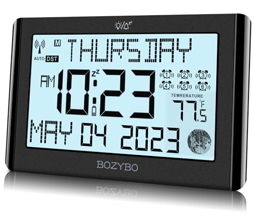 BOZYBO Digital Clock with 6 Alarm Clocks: Atomic Clock with Indoor Temperature Self Time Correction Clock with Day and Date for Elderly Adjustable Brightness Wall Clock or Desk Clock for Bedroom