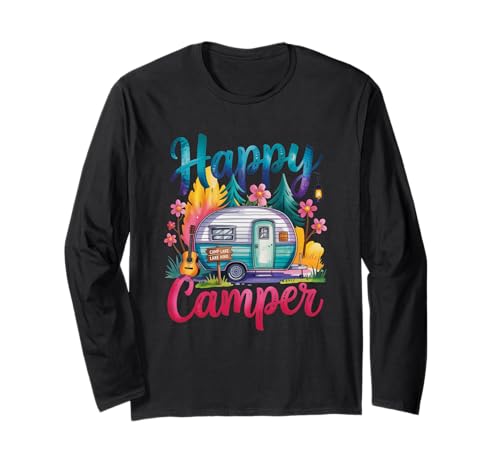Funny Happy Camper Camping Apparel Trailer RV Kids Women Long Sleeve T-Shirt
