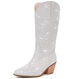 RONILURN Women Cowboy Boots Cowgirl Rhinestone Mid Calf Western Boots Sparkly Glitter Boots Bling Pointed Toe Chunky Heel Pull On