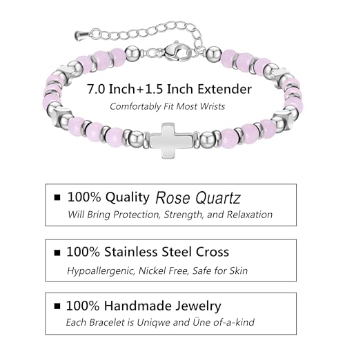 Image of Tiny Natural Gemstone Cross Charm Bracelet, Christian First Communion Gifts for Daughter Girlfriend Mother, Meaningful Jewelry