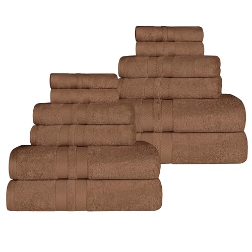 SUPERIOR Ultra-Soft Cotton Towel Set, 4 Bath Towels, 4 Hand Towels, 4 Face Towels/Washcloths, Quick-Dry, Shower, Spa Basics, Essentials, Solid, Double Line Dobby Border, 12 Piece Set, Chocolate