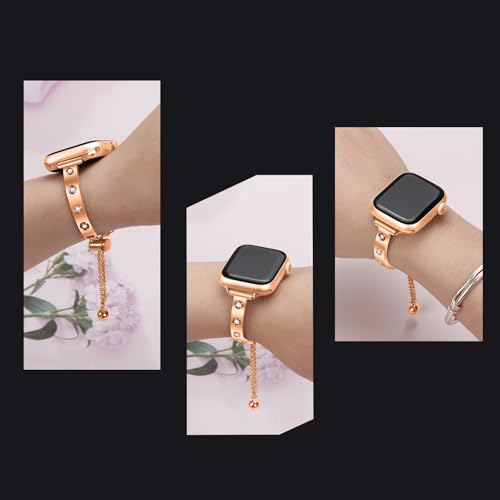 Stainless Steel Band Compatible with Apple Watch 38mm 40mm 41mm 42mm 44mm 45mm 46mm 49mm Pretty Luxury Strap with Sparkle Diamond, Dressy iWatch Bracelet, Bling Thin Band for Women