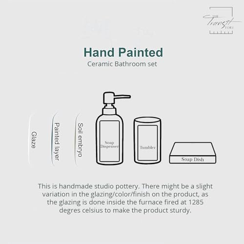 Image of Premium Ceramic Bathroom Accessories Set of 3 | Oval Hand-Painted Luxury Bath Set with 300ml Liquid Soap Dispenser, Toothbrush Holder & Soap Tray | Blue with Black Speckles Pattern