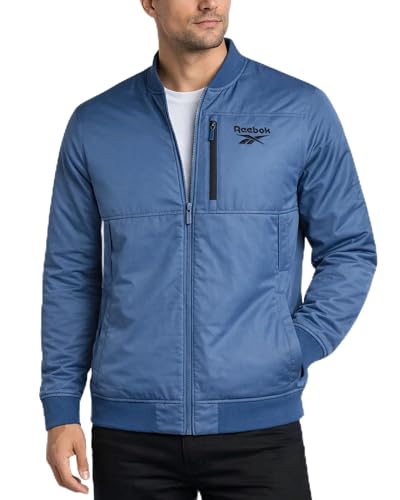 Reebok Jaqueta masculina estilo bomber – jaqueta corta-vento com zĂper isolada para homens – Jaqueta leve masculina casual de golfe, academia e caminhada, Azul mineral, G
