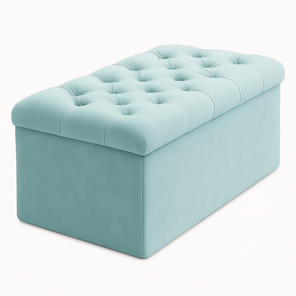 Spanish Tufted Velvet Storage Ottoman, teal,Plush velvet chest,Storage ottoman,Velvet storage box,Footstool(Duck egg, Large)