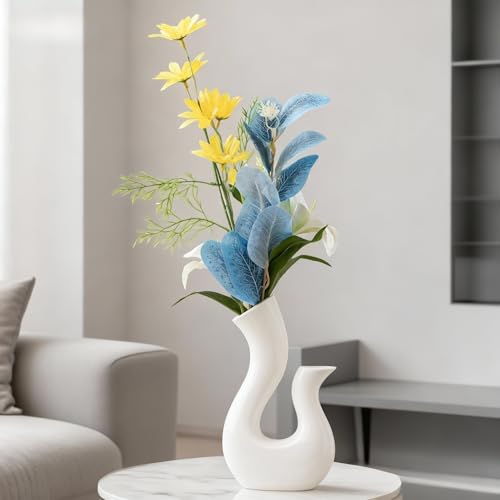 Swan Neck Vase with Faux Flowers – Dual Spout White Ceramic Vase Set, Farmhouse Centerpiece for Wedding Decor, Artificial Floral Arrangement for Dining Table, Living Room, Office Desk Decor