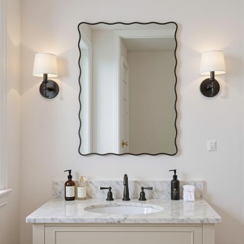 Tunjig 18"x24" Black Wavy Bathroom Mirror Rectangle Scalloped Wood Framed