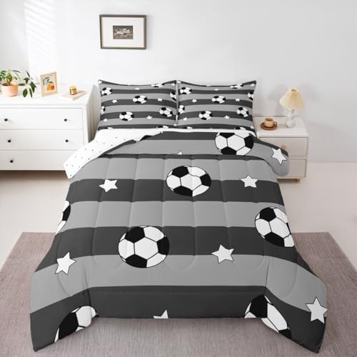 Image of Feelyou Soccer Comforter Set King Size Kids Football Pattern Games Bedding Set for Boys Girls Sports Theme Grey Geometric Stripes Duvet Quilt Room Decor