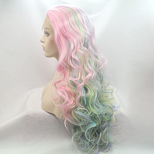 Perruque synthétique longue ondulée rose dentelle frontale sans colle