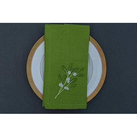 Quayside Home Christmas Napkins, 100% Cotton green with embroidered sprig of mistletoe, Pack of 4 Cover