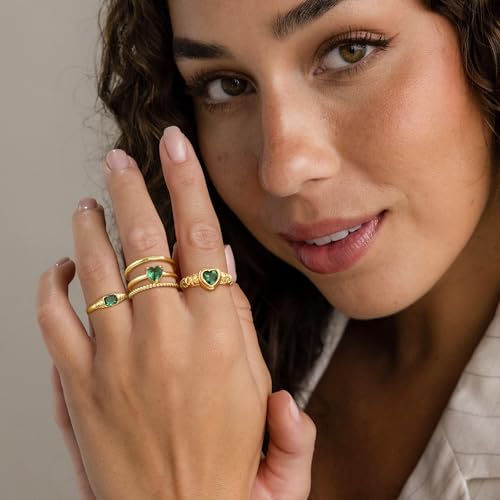 Kyerlyn Stackable Gold Rings for Women Non Tarnish Emerald Heart Chunky 14K Gold Plated Stacking Ring Set Statement Promise Wedding Bands Engagementfor Gifts Jewelry Size 6 7 8 9 102
