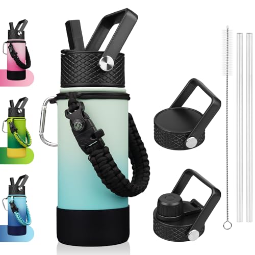 Image of BJPKPK 18oz Insulated Water Bottle with 3 Lids, Straw Lid & Handle