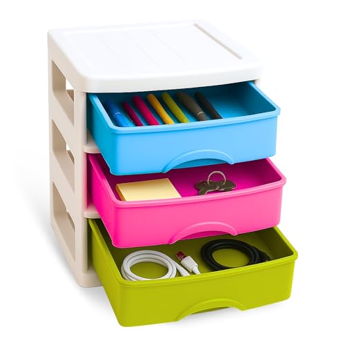 TECHZOCO Cajonera de Almacenamiento con 3 cajones, Unidad de almacenamiento 3 niveles, Torre de almacenaje, Organizador de escritorio, 14 cm ancho x 17 cm fondo x 17 cm alto, Apto para escritorio.