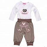 P.Eisenherz Trachten Set für Madln im Geschenkkarton: Baby Body mit langem Arm und Applikation ''Spatzerl'' und Baby Jogginghose im Lederhosen Look, braun