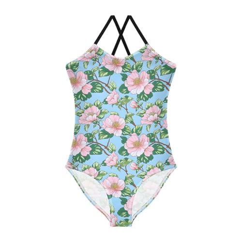 senya Girls Swimsuits One-Piece Swimwear Tie Bathing Suit Beach Summer Round Neck 5-6T Pink Hawaiian Flowers Pattern