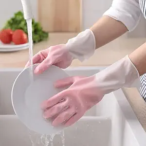 PVC Cleaning Gloves Hand Gloves for Dishwashing Cooking Skin-friendly Reusable, Gardening | Anti-slip Kitchen Cleaning | Pet Grooming | Car Washing | Bathroom Cleaning Painting (1 Pair, M)