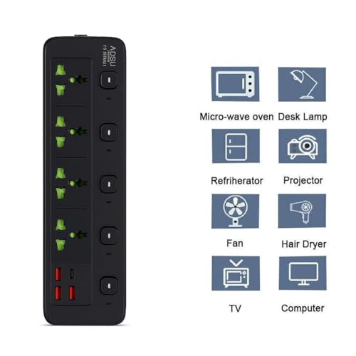 Image of Extension Board, Power Strip with 6 USB Ports and 3 Universal Socket, 2500W 10A Extension Cord, 3-Pin Surge Protector Power Strip for Home, Office, Computer, Mobile Charging (Black-A85)