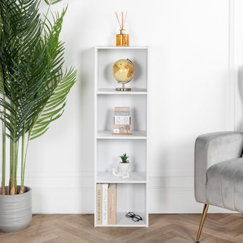 Cube Bookshelf White Wooden Storage Organiser Wood Shelving Unit Open Bookcase Shelf For Home Living Room Office Bedroom Furniture (White, 4 Tier)