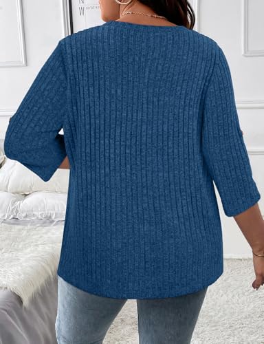 Image of Koscacy Women Plus Size V Neck 3 /4 Roll Sleeve Sweater Casual Knit Tops Solid Color Blouses