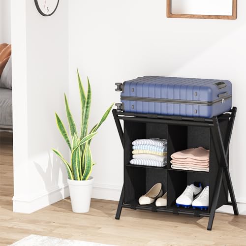 Kofferständer, Gepäckablage, 2er Set, Kofferständer Klappbar, Kofferstände mit Ablagefächern, Kofferbock Kofferablage, für Gästezimmer, Schlafzimmer, Hotel, für Reisegepäck (Schwarz)
