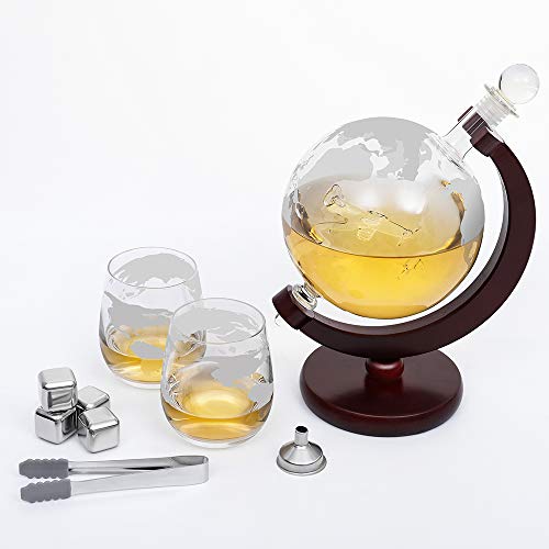 NEX Whiskey Decanter Set, Spirits Liquor Decoration, Etched World Globe Shape Design, Fiberboard Stand, Crafted Glass Flying Airplane, 1500ml Capacity, Ice Tongs, Whiskey Stones, Funnel, Glass Stopper