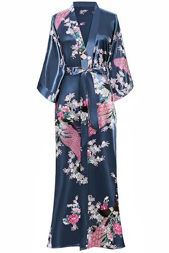 Image of BABEYOND Women's Kimono Robe Long Satin Robes with Peacock and Blossoms Printed Kimono Nightgown