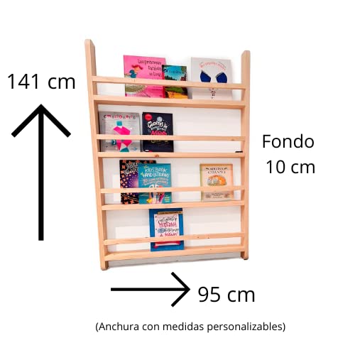 ESTANTERIA/LIBRERIA MONTESSORI para pared 95cm x 141cm x 10cm de fondo realizada 100% en madera natural con anclajes en negro...