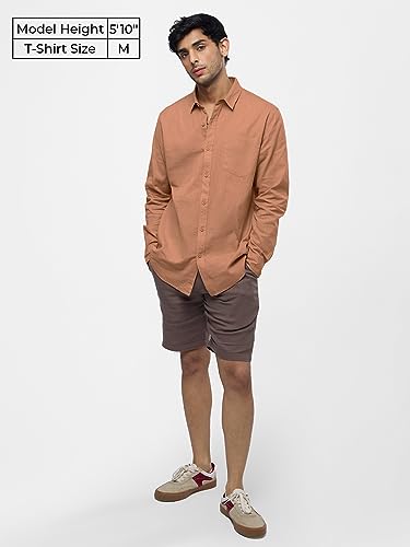 Image of The Souled Store Cotton Linen: Coral Peach Men and Boys Collared Neck Long Sleeves Cotton Solid Regular Fit Everyday Office Wear Trendy Comfortable Summer Ready Cotton Linen Shirts