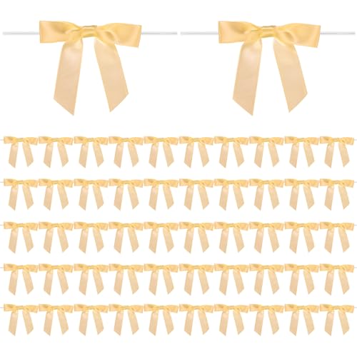 M METERXITY 50-Pack Satin Ribbon Twist Tie Bows, 2.8 Inch Twist Ties, Satin Ribbon Bows for Craft DIY/Baked Goods/Hair Sewing/Wedding/Birthday/Party [Yellow]