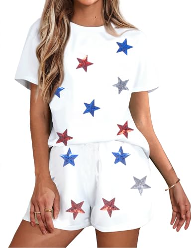 Image of VILOVE 4th of July 2 Piece Sequin Outfits Women 250 Anniversary Usa Shirts and Short Sets Casual Patriotic Shirt Summer Set