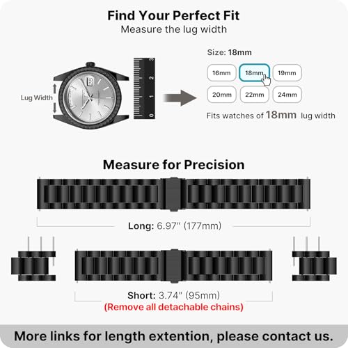 Image of Fullmosa 18mm Stainless Steel Watch Band, Quick Release Metal Replacement Strap with Removable Links, Includes Spring Bars & Link Removal Tool for Men Women (Black)