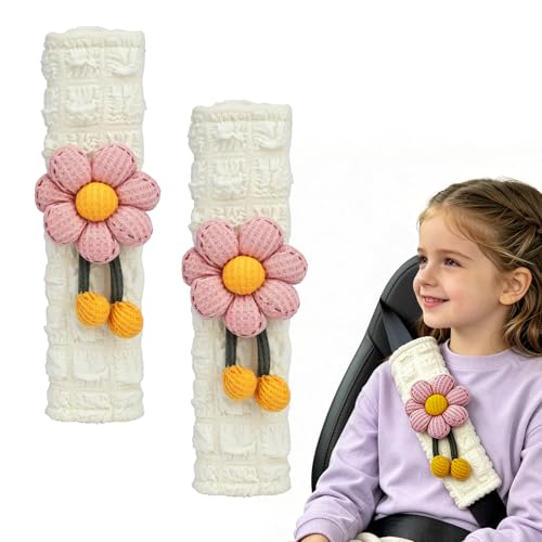 Image of Cute Pink Flower Seat Belt Cover Pads for Women Girls - Soft Plush Seatbelt Cushion, Fun Car Accessories