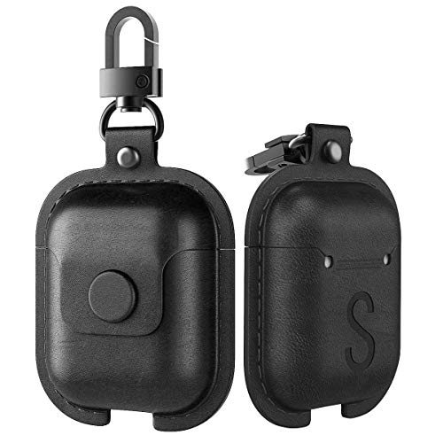 MoKo Case Fit AirPods 1/AirPods 2, Premium PU Leather Vintage Style Snap Closure Protective Cover Carrying Pouch Pocket with Keychain for AirPods 1 & AirPods 2 Earphones Charging Case - Dark Black