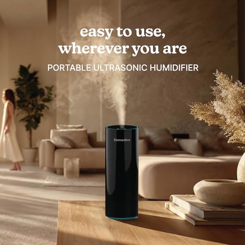 Image of Homedics Portable Humidifier - Small Ultrasonic Cool Mist Humidifier for Bedroom, Desk & Travel, Mini Personal Humidifier, 7.7 oz Tank, Auto Shutoff, Night Light, Rechargeable (Gloss Black)