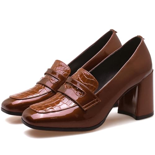 MOOMMO Women Chunky Block Heel Loafers Pumps Square Closed Toe Slip On Dress Shoes Patent Leather Oxford Loafer Shoes Fringe Buckle Tassel Wingtip Office Work Shoe Business Professional 4-11 M US