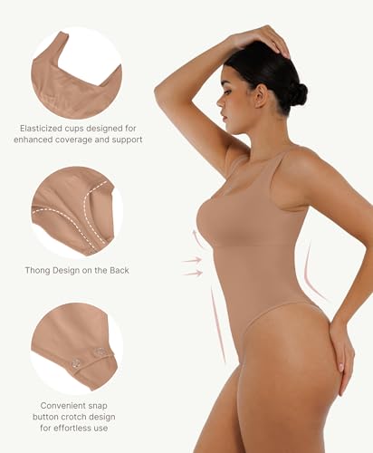 Image of FeelinGirl Bodysuits for Women Seamless Square Neck Tummy Control Compression Thong Shapewear Bodysuit Tank Tops Bodysuit