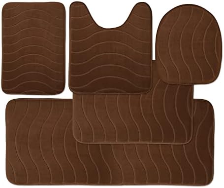 Elvoki Luxury Bathroom Rugs Set 5 Piece - Bath Mats Memory Foam, Toilet Rug Set. Strong Absorbent, Non-Slip, Ultra Soft, Easy to Clean, Brown