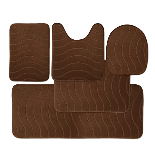 Elvoki Luxury Bathroom Rugs Set 5 Piece - Bath Mats Memory Foam, Toilet Rug Set. Strong Absorbent, Non-Slip, Ultra Soft, Easy To Clean, Brown #TOP21