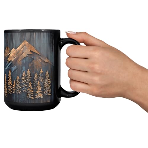 Taza de cerámica negra 15 oz diseño montaña y bosque miniatura 7