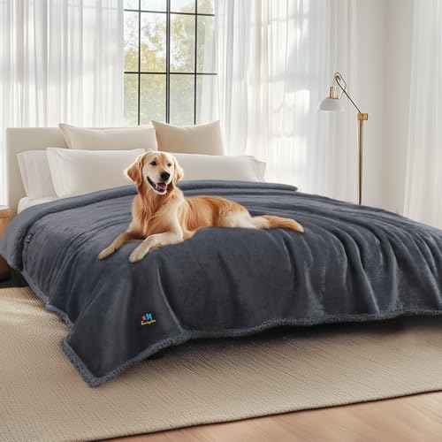Waterproof Pet Blankets, Liquid Pee Proof Dog Blanket for Sofa Bed Couch, Reversible Sherpa Fleece Furniture Protector Cover for Small Medium Large Dogs Cats, Dark Gray King Size（100" x 85"）