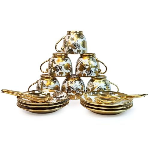 Image of Premium Ceramic Tea Set - 18 PCS | Elegant Gold-Plated Tea Cup Set with 6 Cups, 6 Saucers, 6 Spoons | Ideal for Home, Office, and Parties (Golden)
