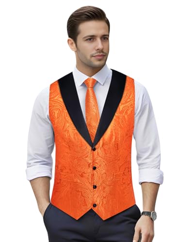Image of DiBanGu Mens Paisley Suit Vest Silk Jacquard Waistcoat and Necktie Set Formal Shawl Collar Dress Vest 7PCS for Wedding Party