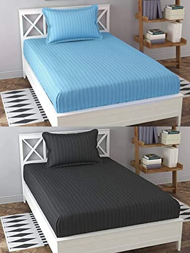 Image of Prime Collection 280 TC Combo Pack of 2 Single Sized (90x60) Satin Striped Bedsheet with 2 Pillow Cover Long Lasting Single Bedsheet for Hotel, Hospital and Home Use