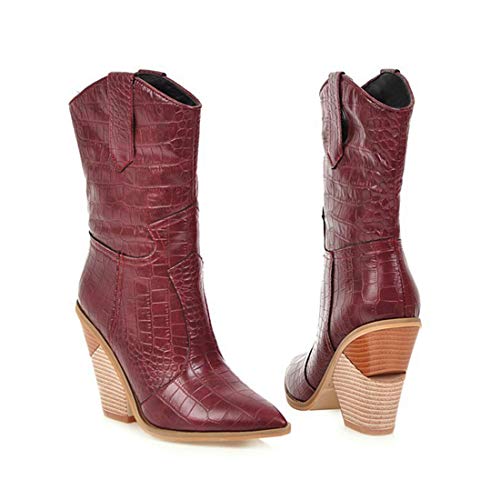 VOKLIN Women's Western Cowboy Chelsea Ankle Boots Pointed Toe Pull On Chunky Stacked High Heel Riding Booties2