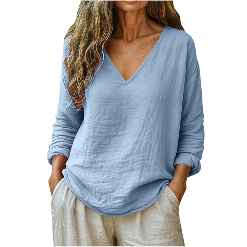 Linen Shirts for Women Spring Trendy Long Sleeve V Neck Loose Dressy Blouses Cotton Summer Beach...