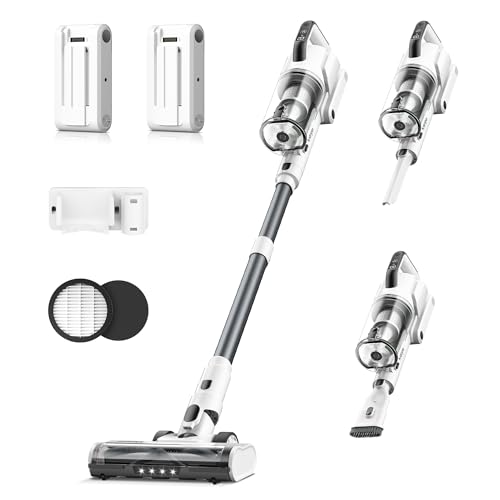 Deal: Klarpul Cordless Vacuum Cleaner, 2 Batteries 130 Mins Runtime 600W 50Kpa Stick Vacuum Cordless, Self-Standing Vacuum Cleaners for Home with 2.5H Fast Charging, for Floor/Carpet/Pet Hair, White