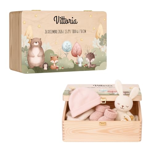 Maverton Scatola Ricordi Neonato o Neonata Personalizzata - Scatola Regalo per Bambini in Legno di Pino Naturale - Regalo Battesimo Bimbo o Bimba - regalo di Natale - Porta Oggetti per Ricordi Nascita