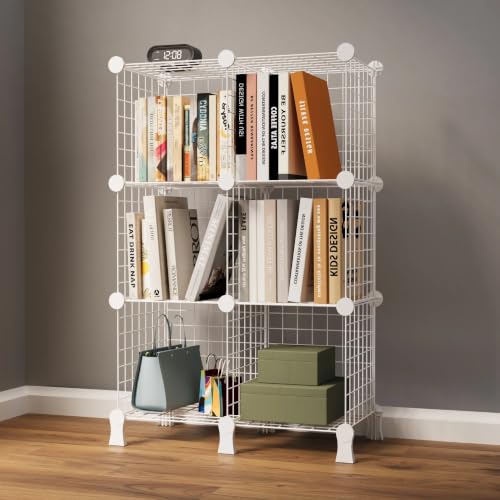 Image of BOXJOY 6 Shelf Metal Grid Showcase Rack for Living Room Display | Open Cabinet for Books, Decor & Collectibles | DIY Modular Bookcase Organizer for Home, Bedroom, Office (White)