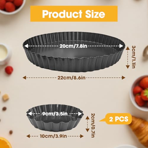 3 Pcs Quiche Pan Set 22cm/8.7inch 10cm/4inch Non-Stick Quiche Dish Tart Tin Carbon Steel Flan Tin with Loose Base Pie Dish Round for Baking Quiches Tartes Cheese Apple Pie - Image 3